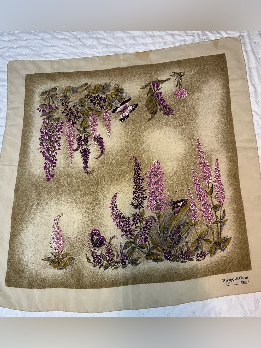 Pierre Cardin Beige and Purple Botanical Silk Scarf